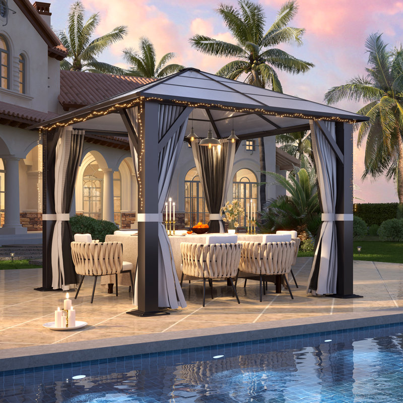 10FT ×10FT Patio Hardtop Steel Gazebo with Polycarbonate Roof, Curtains and Netting, Gray, 10' x 10'