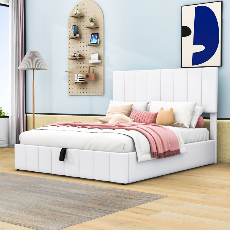Lit plateforme tapissier avec rangement robuste Laurissa, Blanc, Grand lit