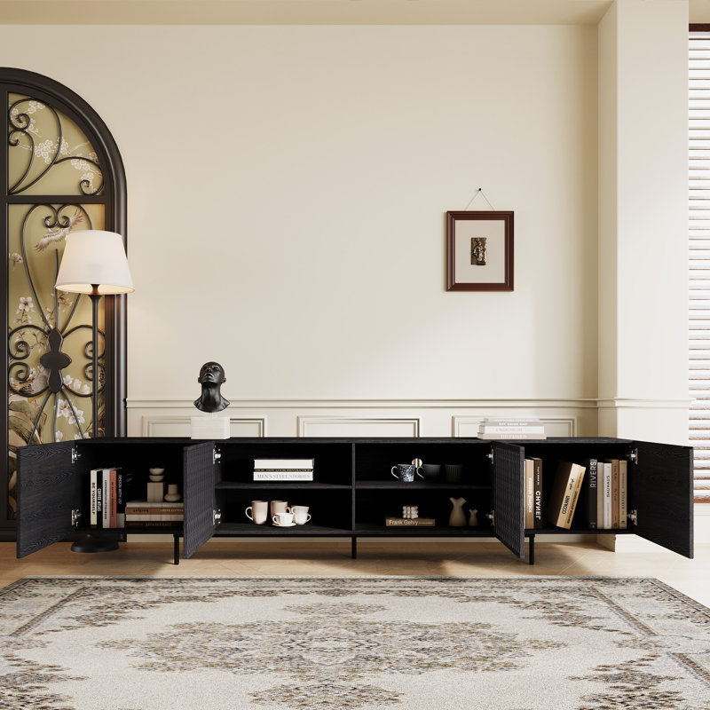 94.48" Tv Stand With Adjustable Shelves, Soft-Close Hinges & Cable Management, Metal Legs