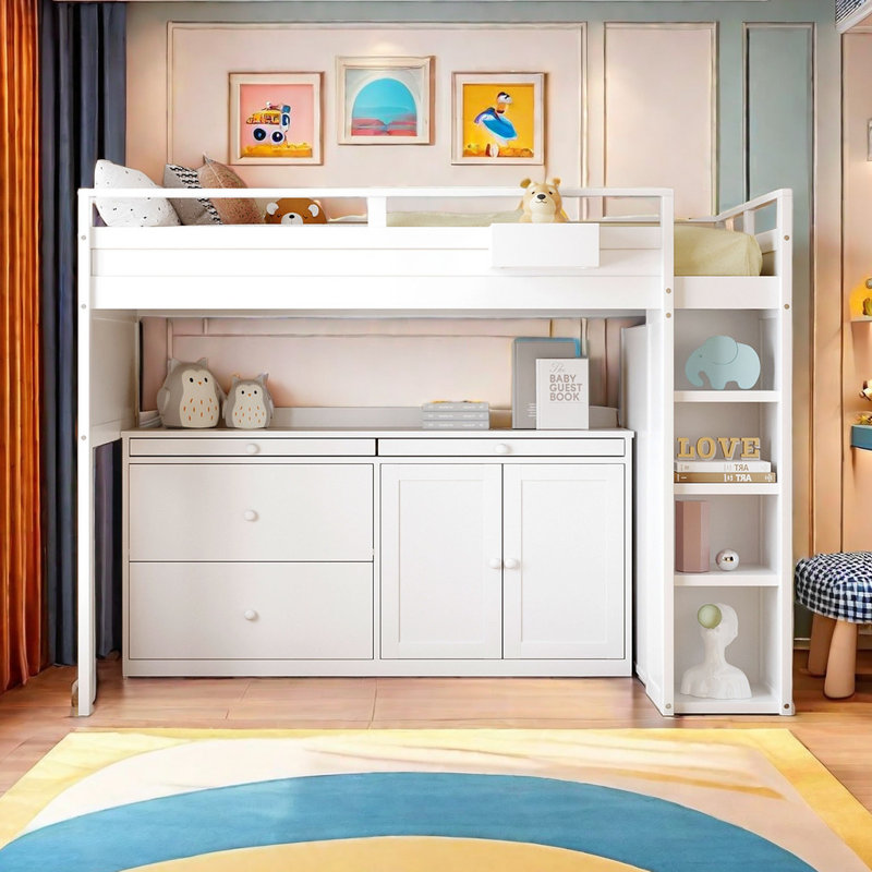 Lit mezzanine avec armoire roulante et bureau, Blanc
