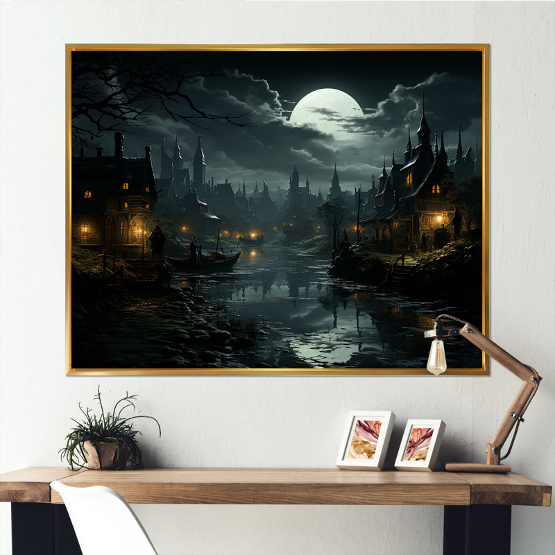 Art mural Moody Night, Cadre flottant doré, H 24 po x l 32 po x P 1 po
