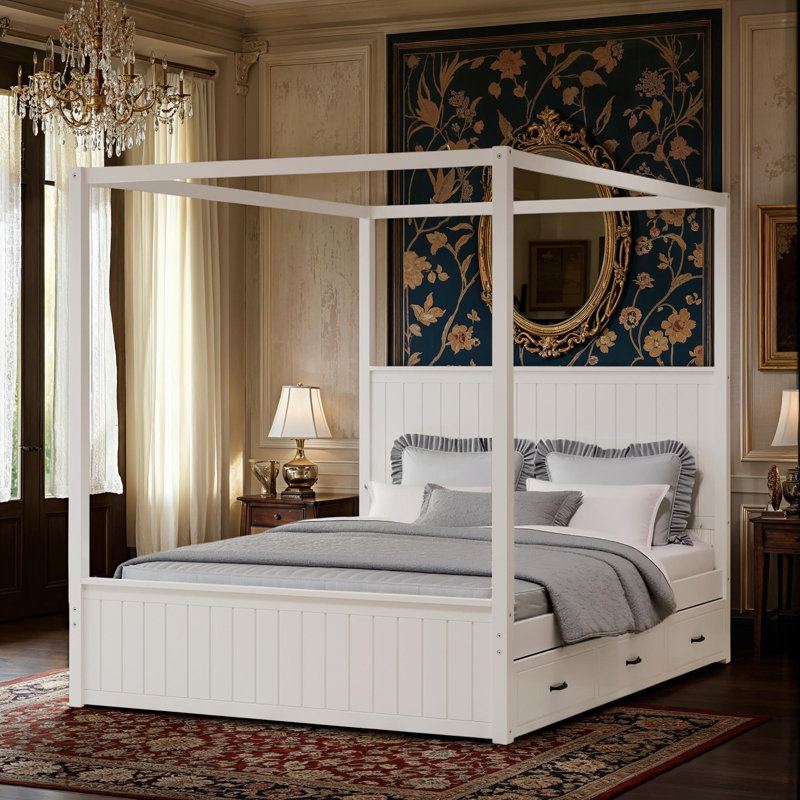 Lit à baldaquin à 4 colonnes avec lit gigogne et tiroirs, conception peu encombrante pour les chambres confortables et organisées - 