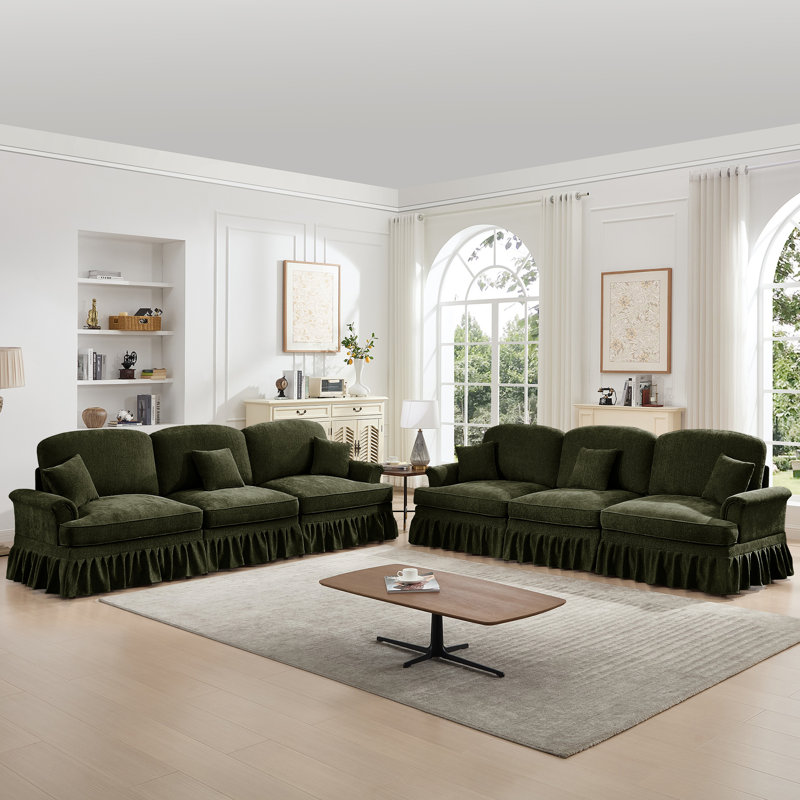 Canapé confortable avec accoudoirs évasés, jupes de plis à volants amovibles et pieds fuselés, repose-pieds en chenille modulaire classique avec 3 repose-pieds mobiles multiples, fonction de coussin lombaire pour