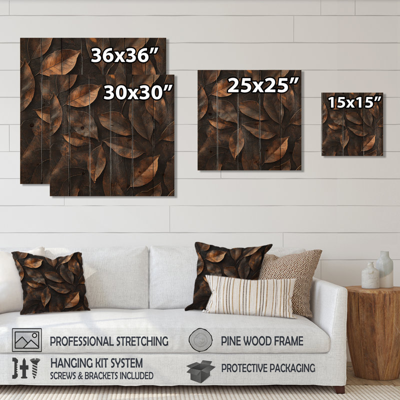 Feuilles de sable brun I - décoration murale en bois de feuilles - sur bois de pin naturel, H 15 po x l 15 po x P 0,78 po