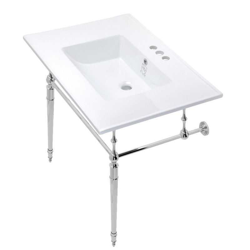 Kingston Brass Edwardian 31-Inch Ceramic Console Sink with Brass Legs (4-Inch, 3-Hole), White/Polished Chrome