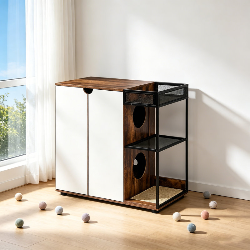 Meuble de litière pour chat à 2 niveaux avec 2 entrées et tablette de rangement