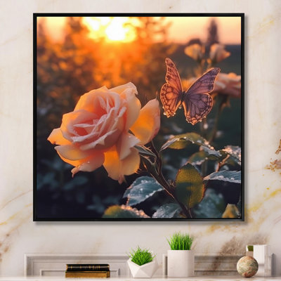 Papillon sur une rose rose au lever du soleil