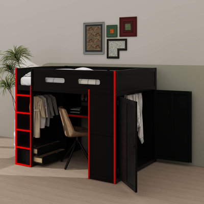 Full Size Wooden Loft Bed With Desk, Wardrobe, Plenty Of Storage, And LED Lighting