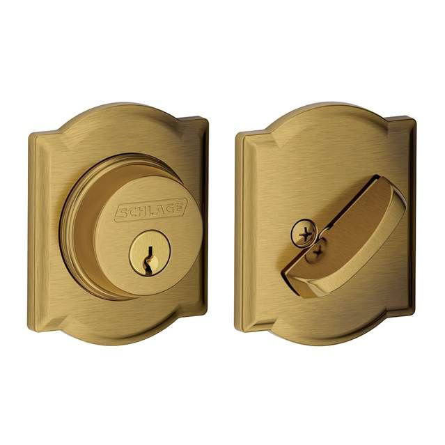 Single Cylinder Deadbolt with Camelot Trim, Antique Brass