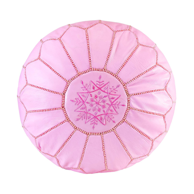Handcrafted Round Pink Genuine Leather Pouf Ottoman
