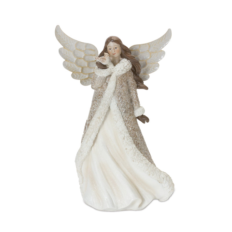 Figurine ange d'hiver avec décor d'oiseau (ensemble de 2)