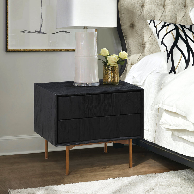 Black Brushed Oak & Bronze 2-Drawer Nightstand
