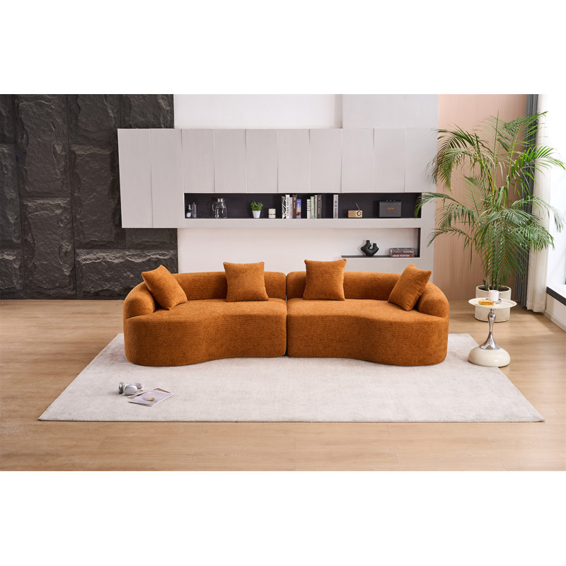 LY-025 COMPRESSION SOFA:4 Seater Orange Sofa With Wood Grain Chenille Fabric