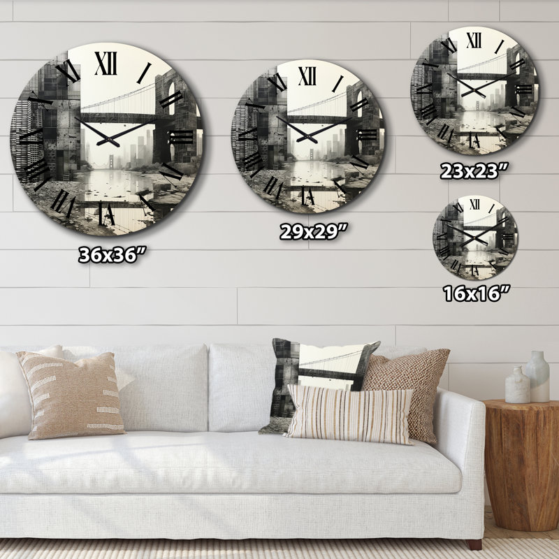 Grey Bridge Monochromatic Crossing Graphite II - Architecture Wall Clock, Small