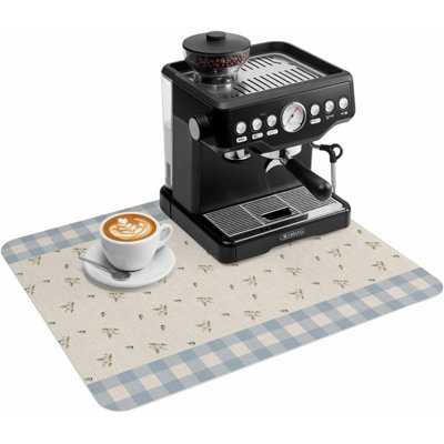 Tapis de cuisine/bar à café, sous-tapis à café, motif feuilles de ferme, carreaux bleus, absorbant, antidérapant, accessoire de bar à café, tapis d'égouttage pour comptoir de cuisine, lin rétro, 51 x 81 cm