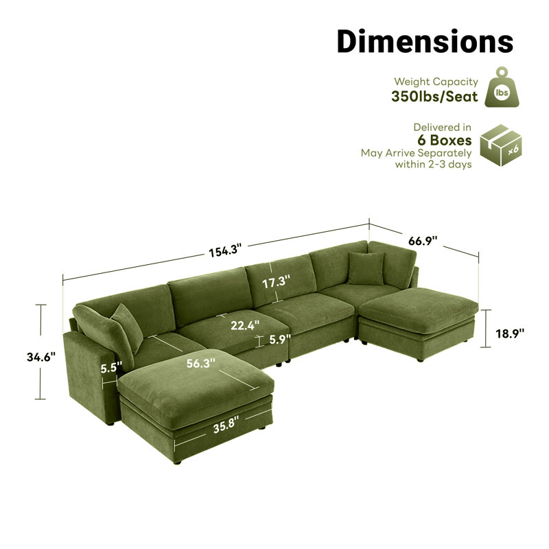 Oversized Down-Filled Modular Sofa With Ottomans, 34.6" H x 154.3" W x 66.9" D, Green