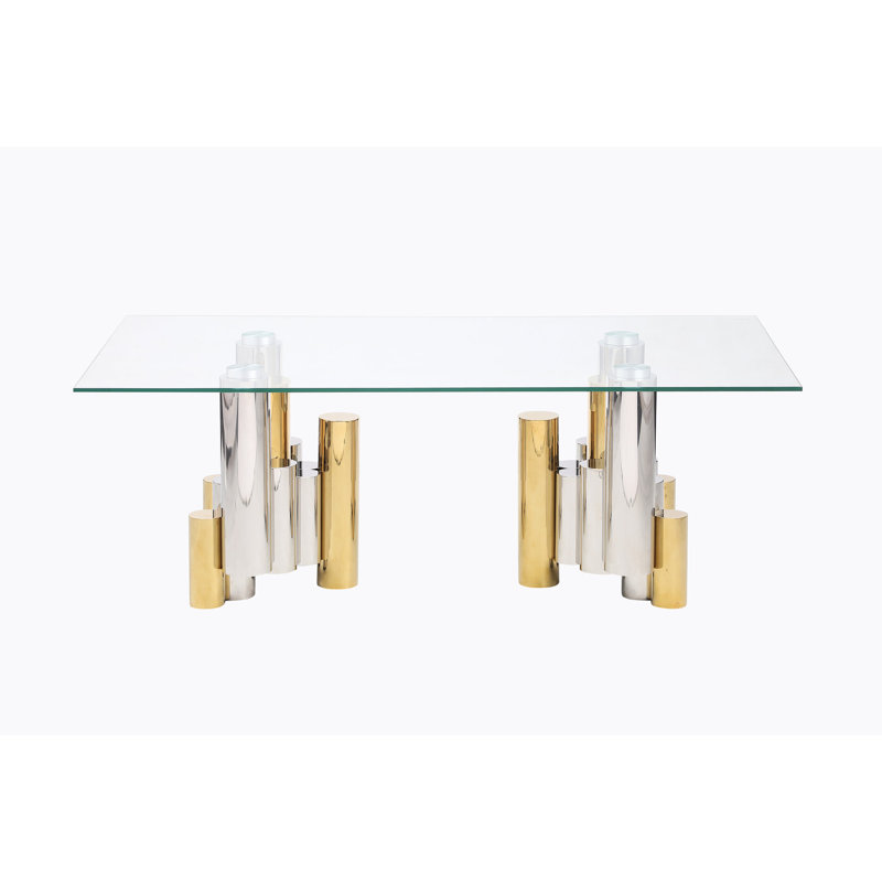 Table basse moderne 48 po en acier inoxydable avec verre transparent rectangulaire pour couloir, aspect doré poli
