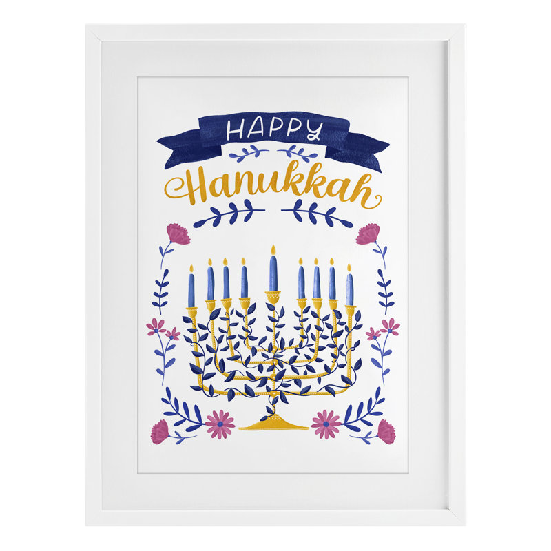 Floral Menorah Happy Hanukkah Framed Print Under Glass, design by JJ Design House LLC, 20" H x 14" W, Coastal White Frame