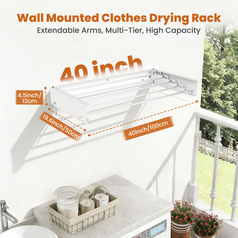 Séchoir à linge mural 40 ", support à linge en métal, 4.5" H x 40" W x 19.6" D