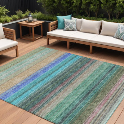 Tapis extérieur lavable rayé bleu sarcelle et brun clair 8 pi x 10 pi