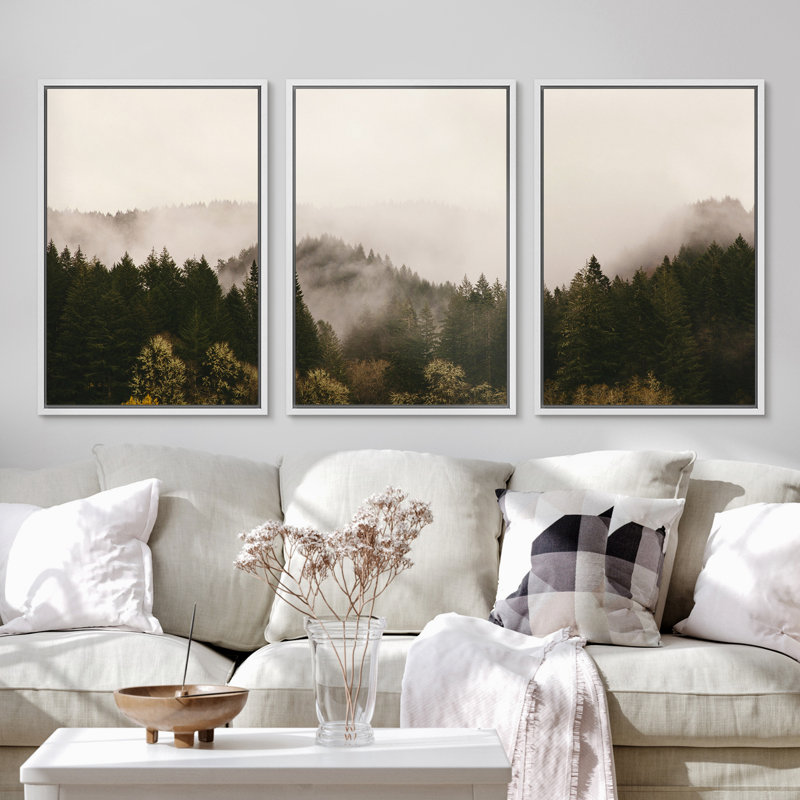 «Misty Forest Landscape Brown Mountain Nature Decor», reproduction de photo sur toile 3 pièces, H 24 po x l 16 po, Blanc