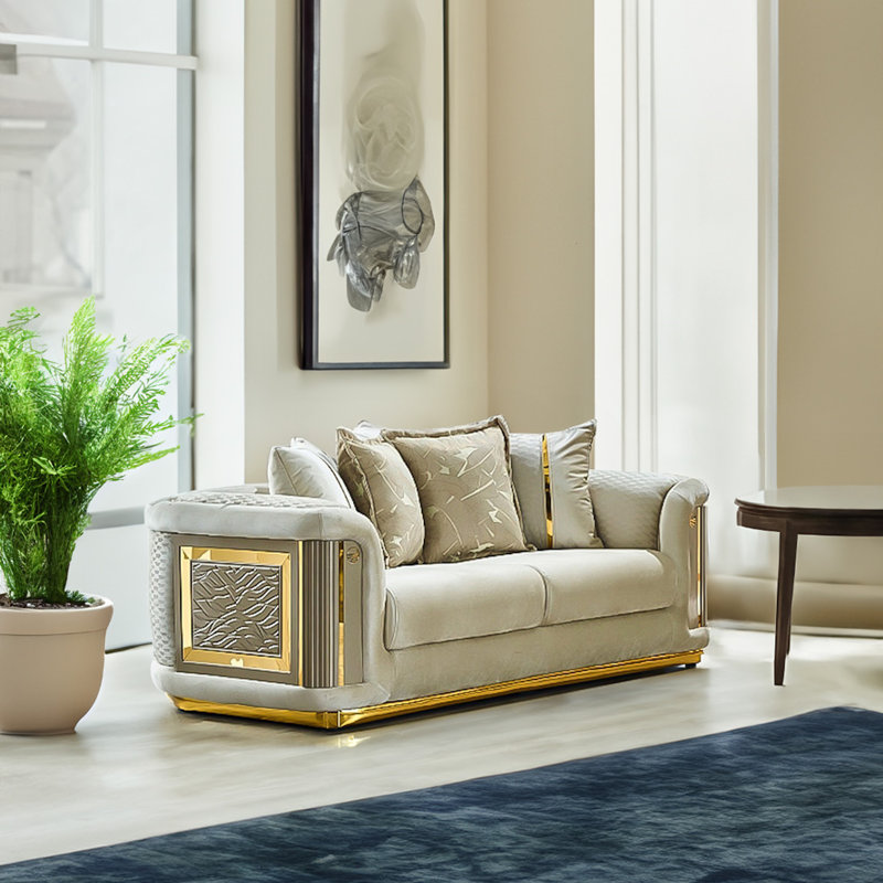 Eude 4 Piece Velvet Standard and Stationary Living Room Set, Cream Velvet