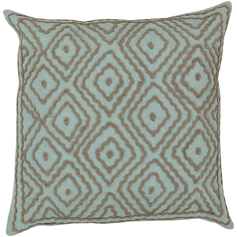 Embroidered Linen Throw Pillow, Down, Robin's Egg Blue / Driftwood Brown, 18" H x 18" W x 4" D