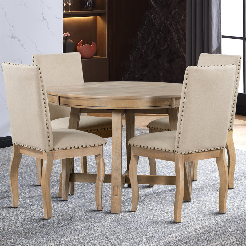 5 Piece Extendable Upholstered Dining Table Set, Kitchen Table Set, Round Table And Chairs,Round Table Top,dining table set,dining room set