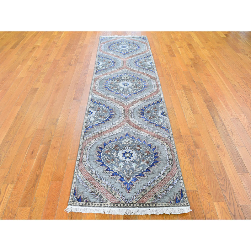 Tapis de couloir gris / bleu noué à la main de conception unique 2 pi 6 po x 10 pi
