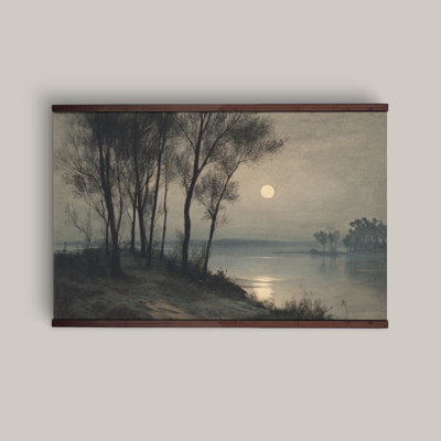Moonlit Lake Wall Tapestry, Moody Landscape Canvas Art, Vintage Nature Wall Hanging Decor with Wooden Hanger Bars