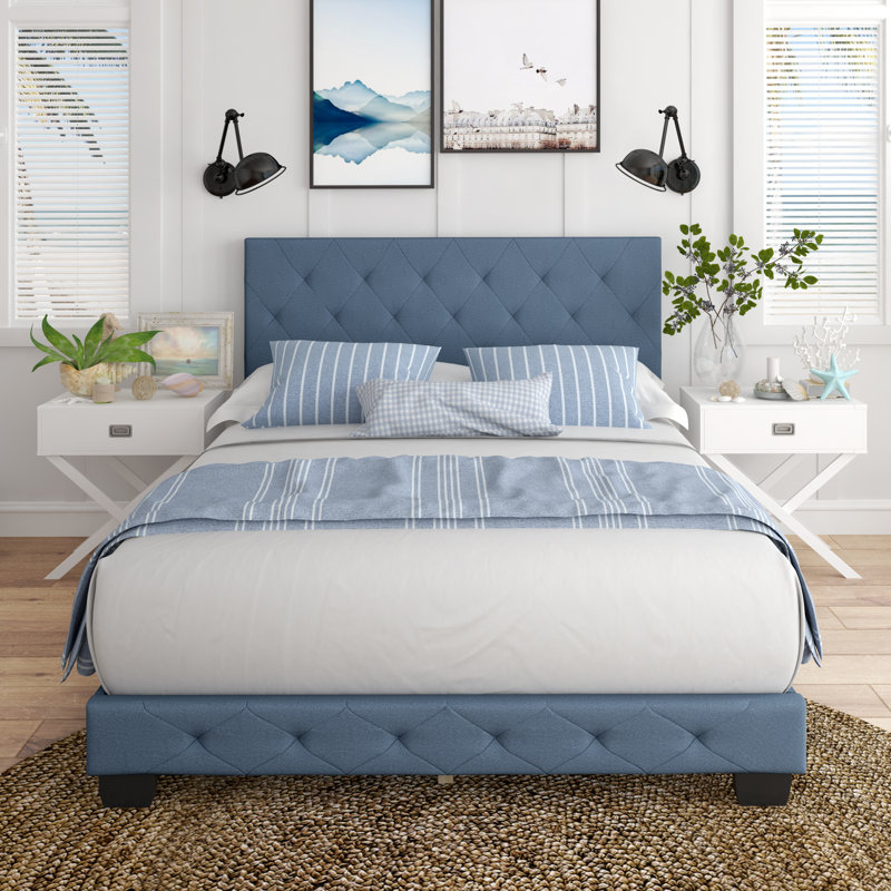 Full Blue Linen Upholstered Platform Bed with Tufted Headboard