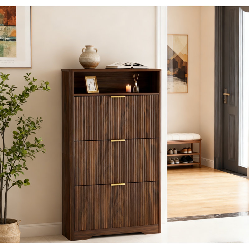 Shoe Cabinet Storage For Entryway Hidden Shoes Storage Cabinet With 3 Flip Drawers, Tall Free Standing Shoe Organizer Rack For Foyer, Hallway. Walnut ,31.6'' L X 9.6'' W X 54.4'' H.