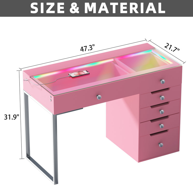 Maquillage pour meuble-lavabo comptoir en verre HD avec bande d'éclairage RVB intégrée et 6 grands tiroirs à poignées en diamant très facile à assembler