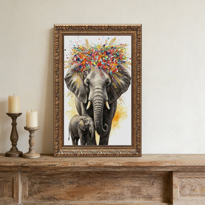 Éléphant avec cadre mural rétro ColorfOrnate - cadre doré décoratif pour l'art.