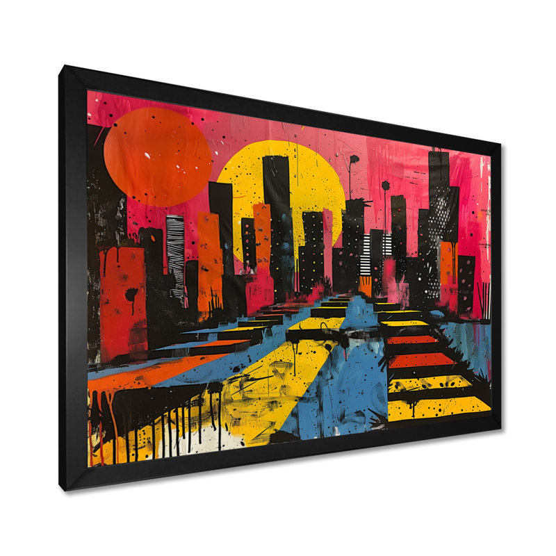 Impression d'art mural orange, rose, paysage urbain II - gratte-ciel, Cadre simple noir, H 16 po x l 32 po