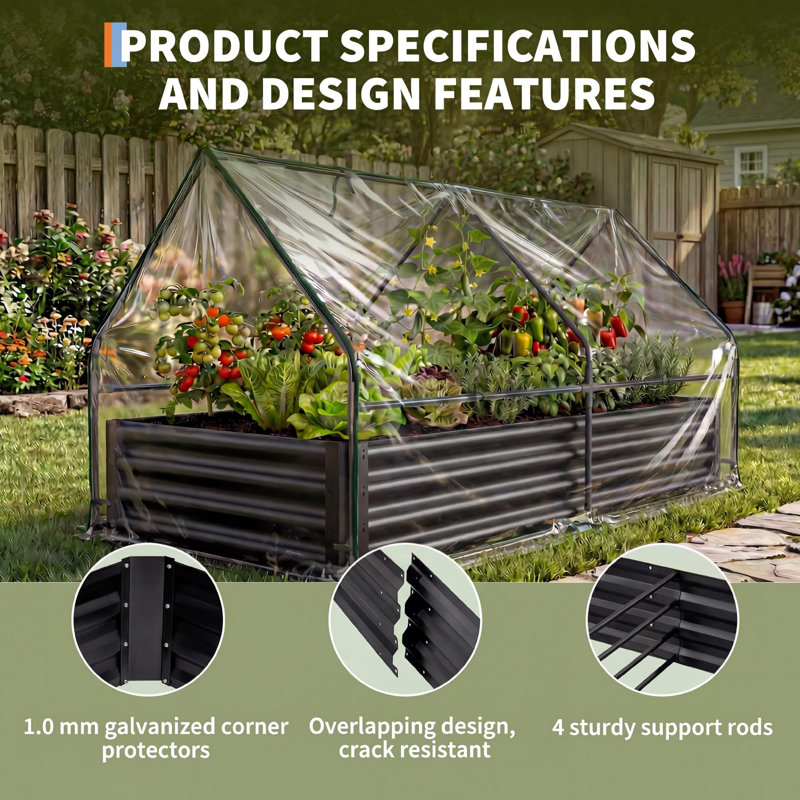Lit de jardin surélevé galvanisé 8 x 4 pi avec couvre-serre, jardinière en métal avec moustiquaire pour légumes et herbes