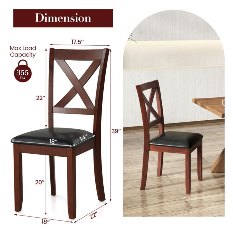 Ensemble de 2 chaises de cuisine en bois avec siège rembourré et pieds en bois d'hévéa