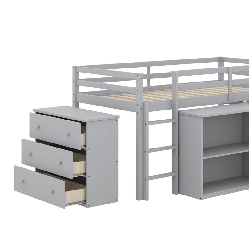 Lit mezzanine simple avec armoire à tiroirs, armoire à tablettes et bureau à tiroirs, Gris