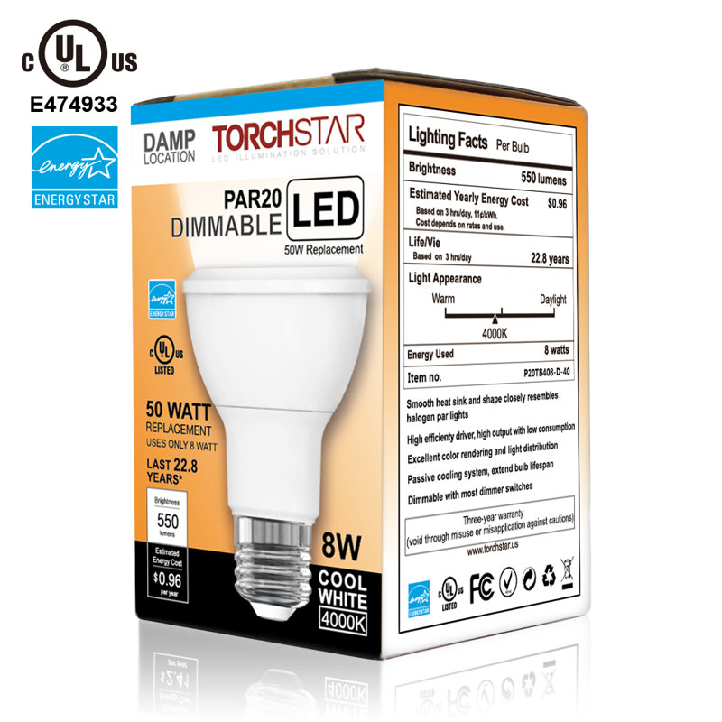 Ampoule DEL PAR20, 50W Eqv. Base E26, blanc froid 4000K à intensité variable