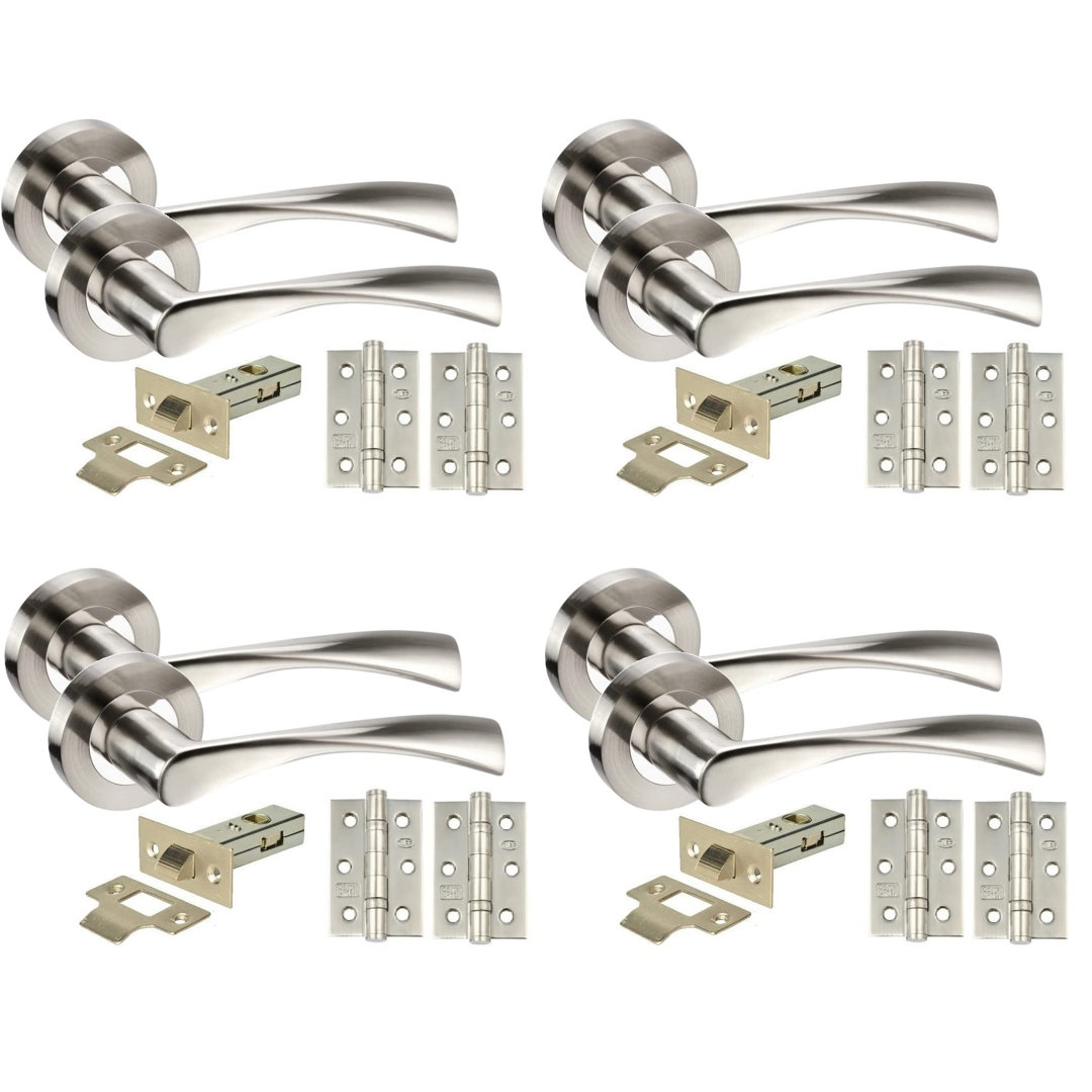 Golden Grace 4 Pairs Twist Astrid Style Modern Door Handles Set Lever Latch on Round Rose in Duo Chrome Finish with Ball Bearing Hinges and 64mm Tubul