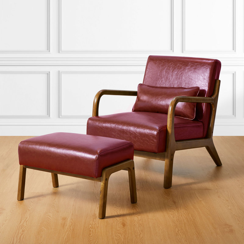 Set Of 2 Mid-Century Modern Burgundy Leatherette Accent Stool & Chair With Walnut Rubberwood Legs, Red