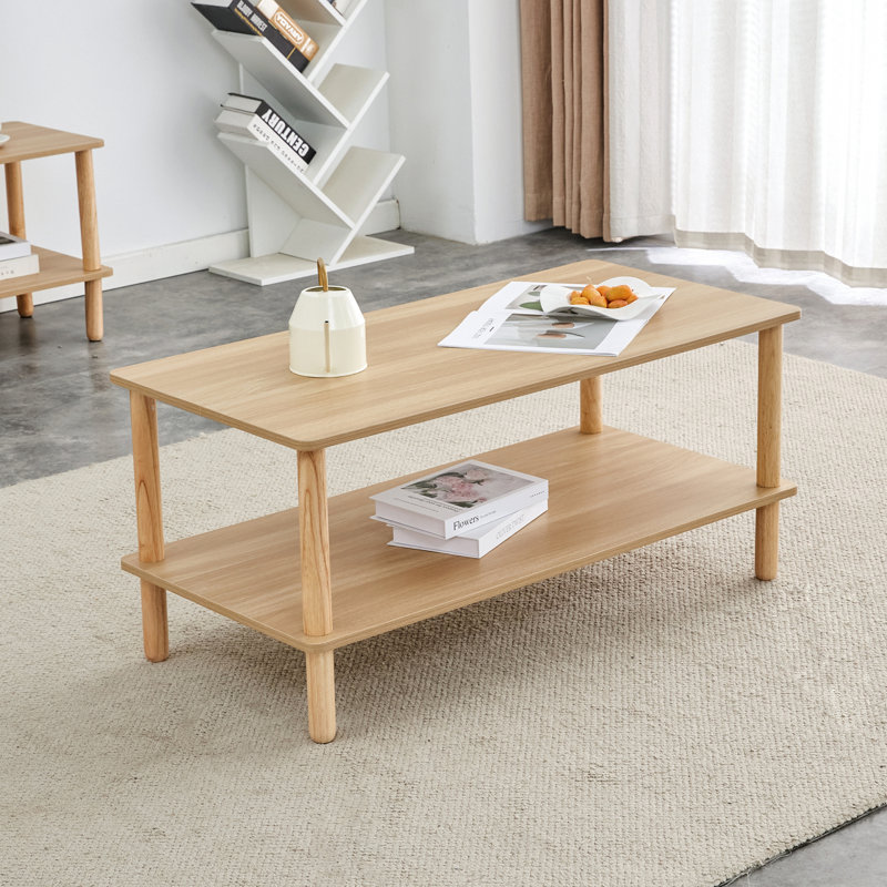 Table basse moderne à 2 niveaux pour meubles de salon, table centrale rectangulaire avec tablette de rangement ouverte, pieds arrondis en bois d'hévéa, stable et durable, assemblage facile