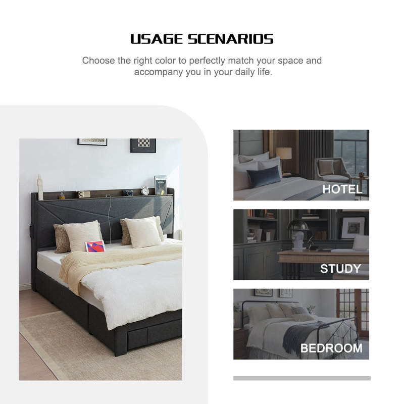 Grand lit ， Lit plateforme confortable avec tiroirs de rangement - Un mélange de confort, de commodité et de design chic, aucun sommier nécessaire, assemblage facile （Gris）