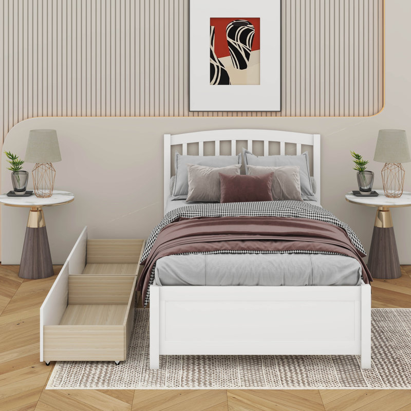 Lit plateforme simple avec 2 tiroirs et tête de lit, Blanc