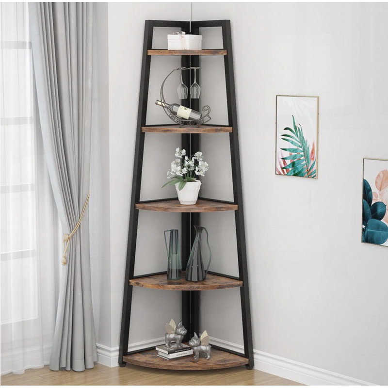 70.07" Tall Corner Shelf, 5 Tier Corner Bookshelf Bookcase Industrial Corner Ladder Shelf Plant Stand For Living Room