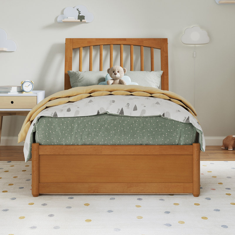 Lit plateforme Imarion avec pied de lit à panneau et lit gigogne, Caramel clair, Simple