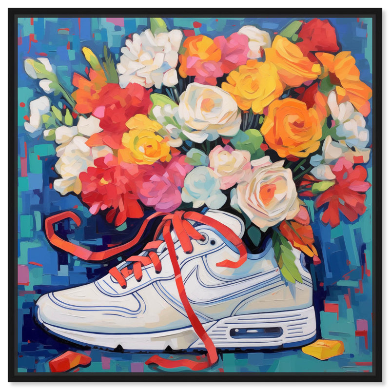 «Whimsical Sneaker with Flowers», art mural , H 13 po x l 13 po, Cadre flottant noir