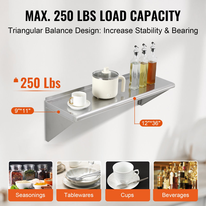 Tablette 12 po x 36 po en acier inoxydable, tablette flottante murale avec supports, tablettes commerciales d'une capacité de charge de 250 lb, support de rangement robuste pour restaurant, cuisine, bar, maison et hôtel