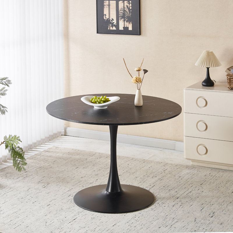 Table tulipe de 42,1 po en marbre noir, table de salle à manger de style Mid-Century pour 4 à 6 personnes - plateau de table rond en panneau de fibres à densité moyenne (le plateau se compose de deux panneaux), table de salle à manger à piédestal, table de bout et table basse de loisir