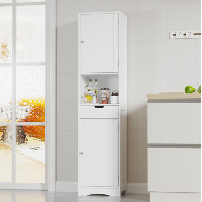 Armoire de salle de bain de 67 po de hauteur, armoire de rangement avec 2 portes et 1 tiroir, armoires de rangement étroites avec tablettes réglables, organisateur de plancher de salle de bain pour le salon, le vestibule, le bureau personnel, blanc